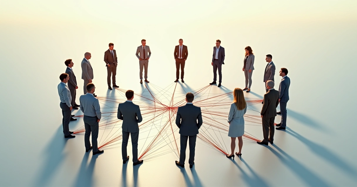 Dibujo de varias personas formando una red conectada con hilos, cada persona en una postura diferente y colores suaves 