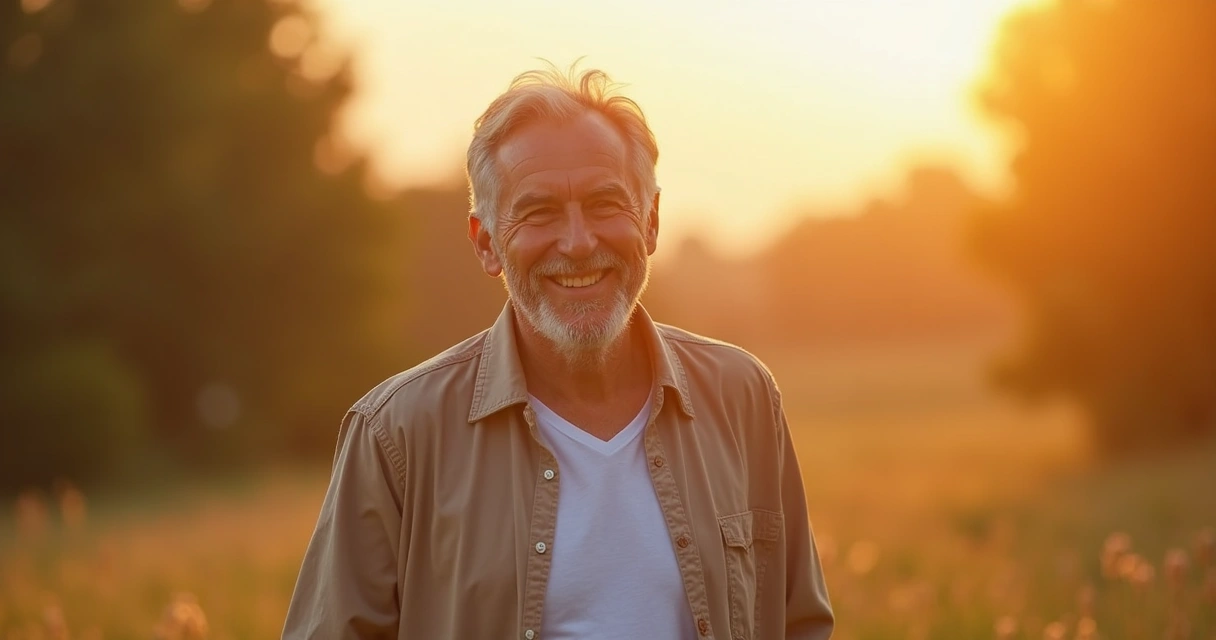 Pessoa sorrindo, caminhando ao ar livre, cenário de fim de tarde 