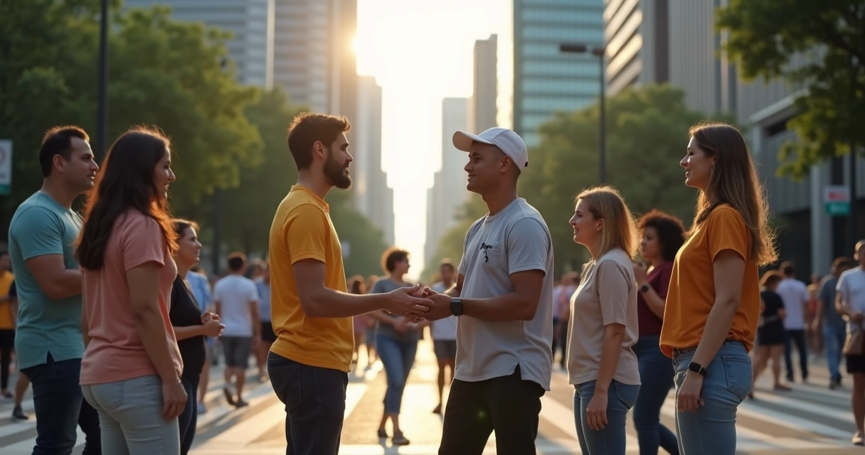 Grupo de personas en ambiente urbano interactuando conscientemente 