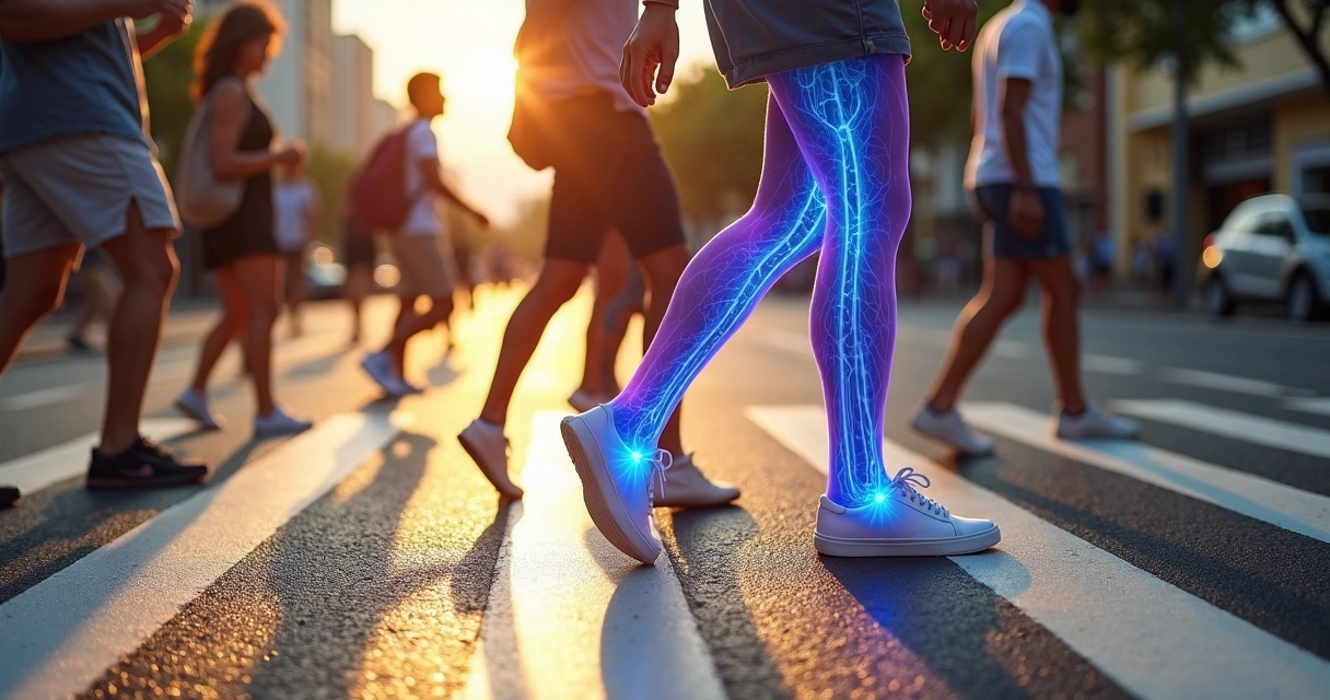Ilustração de pernas caminhando em avenida movimentada com veias destacadas 