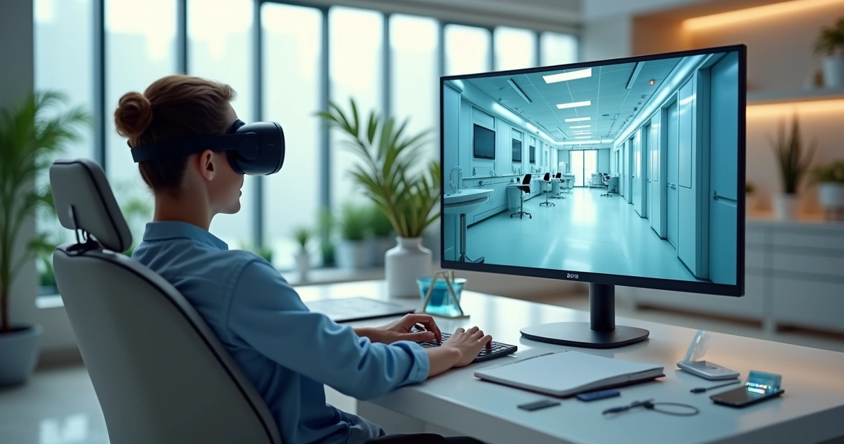 Paciente explora clínica de saúde em vídeo 360 em óculos de realidade virtual 
