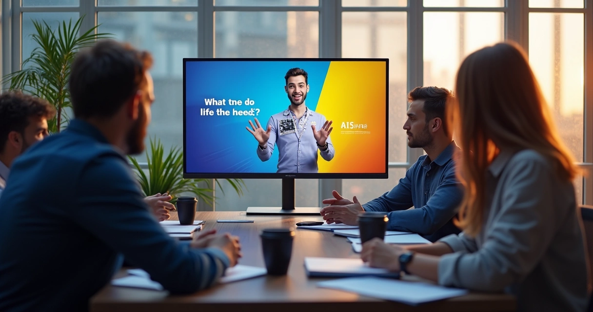 Team collaborating on a Facebook video ad with a large monitor showing AI-generated video. 