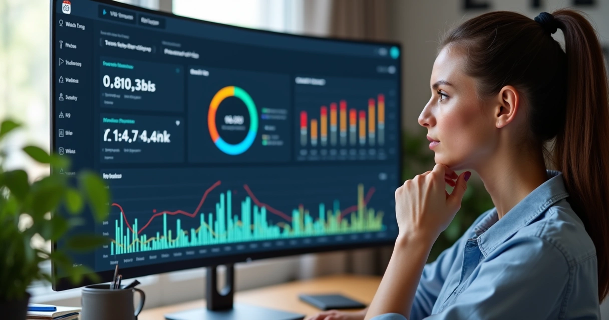 Mulher analisando métricas de vídeos digitais em tela 