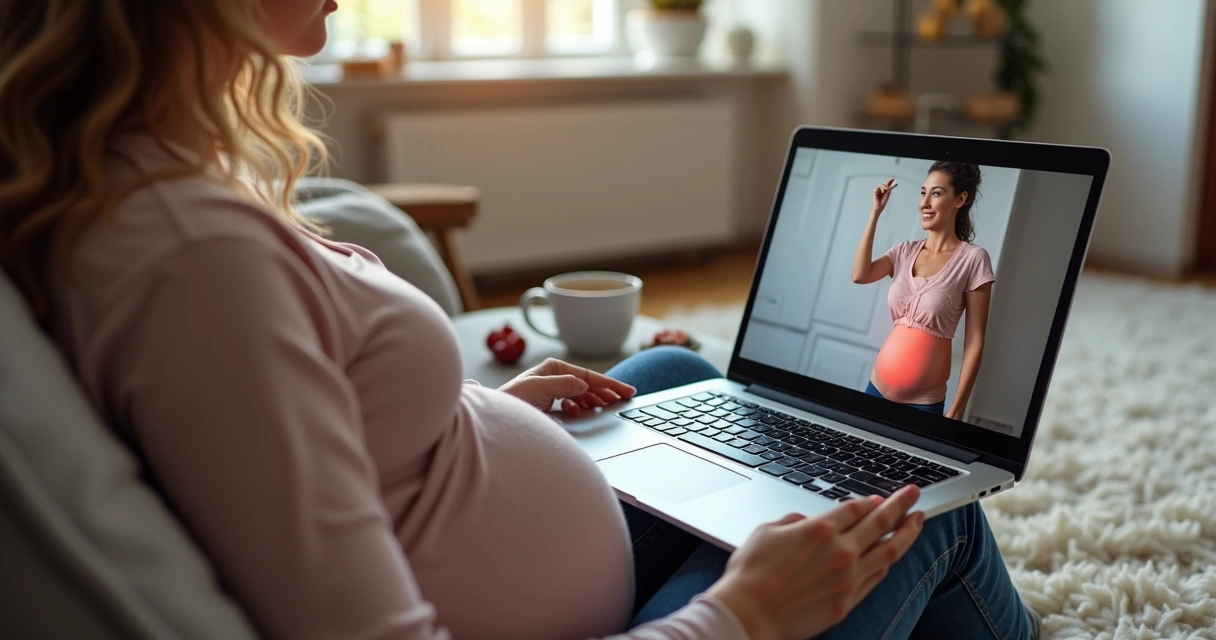 Vídeo de fisioterapia pélvica para gestantes sendo assistido em laptop