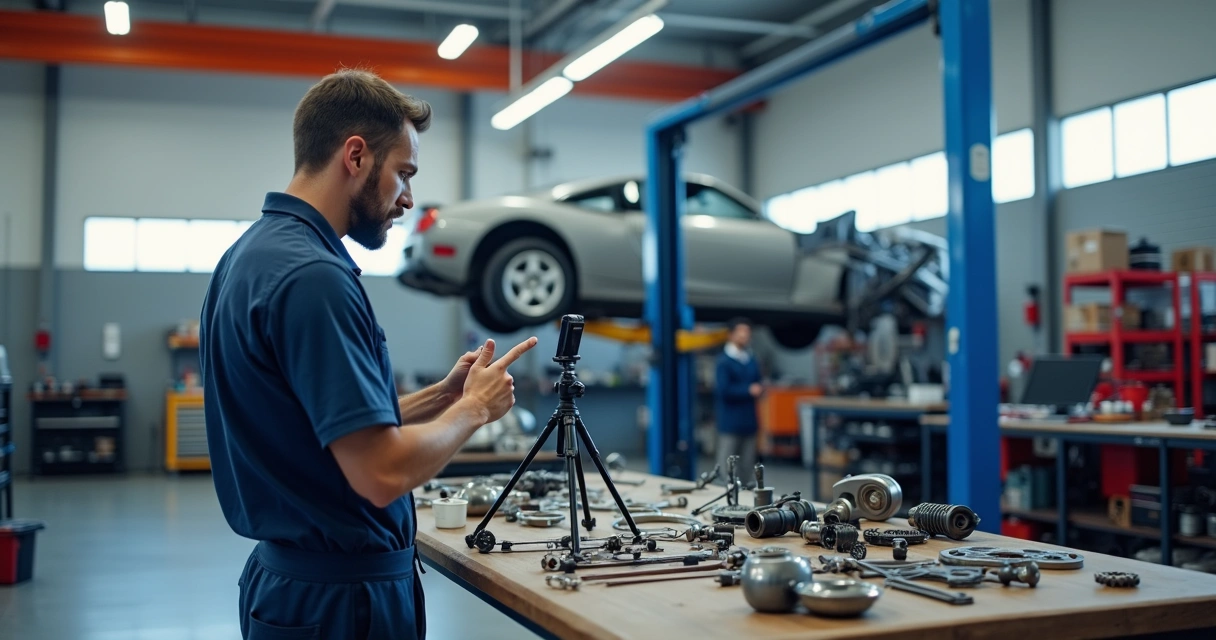 Mecânico gravando vídeo de dicas automotivas em oficina moderna 