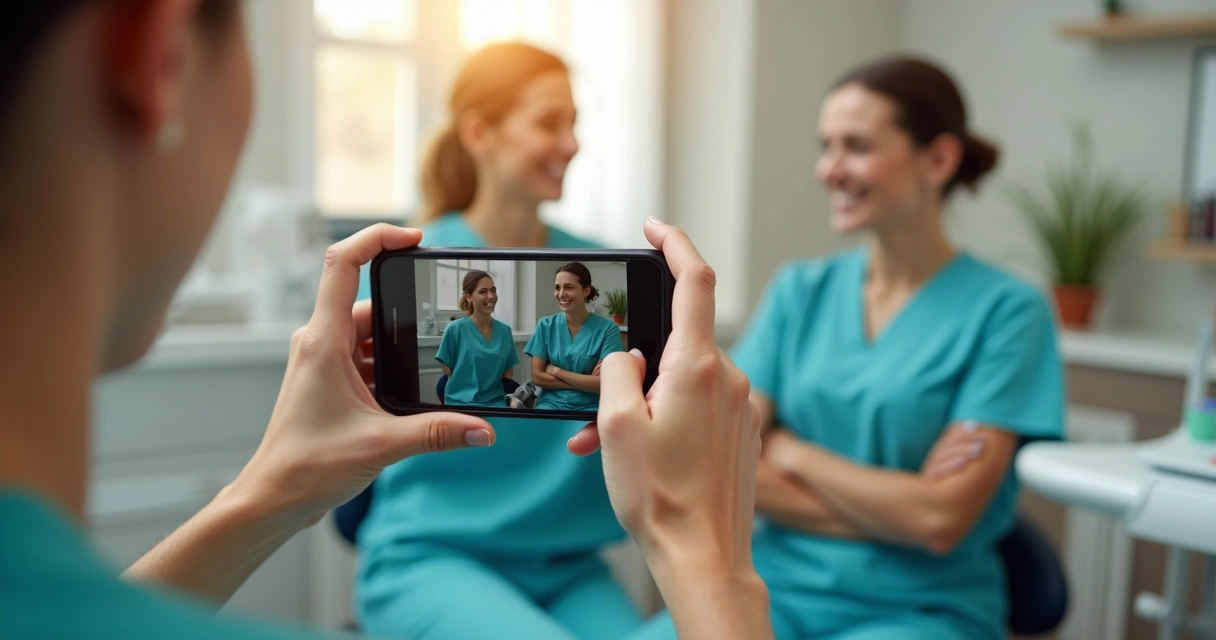 Equipe de clínica odontológica sorrindo enquanto grava vídeo de bastidores 