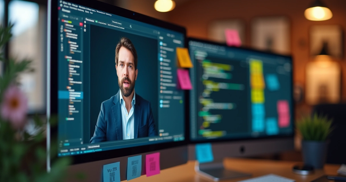 Business person on video call about project update, code visible on shared screen 