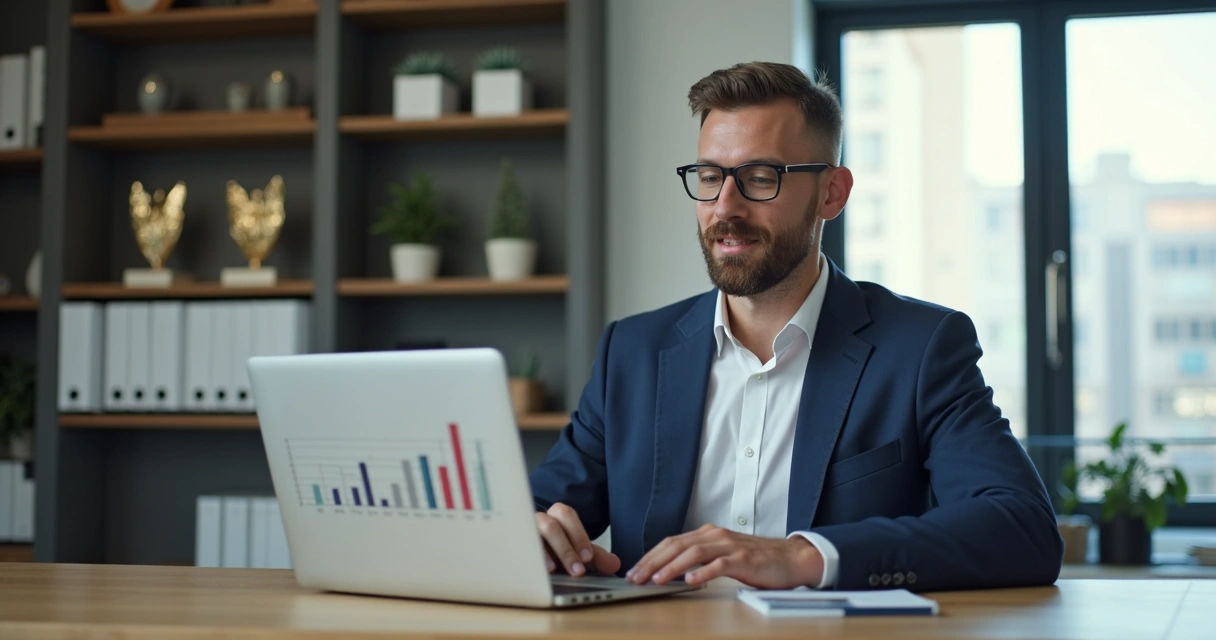Executivo grava vídeo curto enquanto exibe gráfico de crescimento em notebook 
