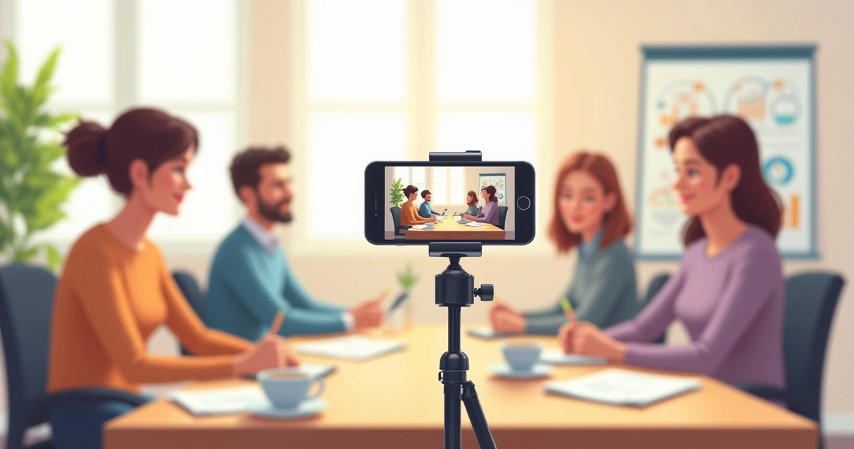 Pessoa gravando reunião com celular em pé sobre tripé 