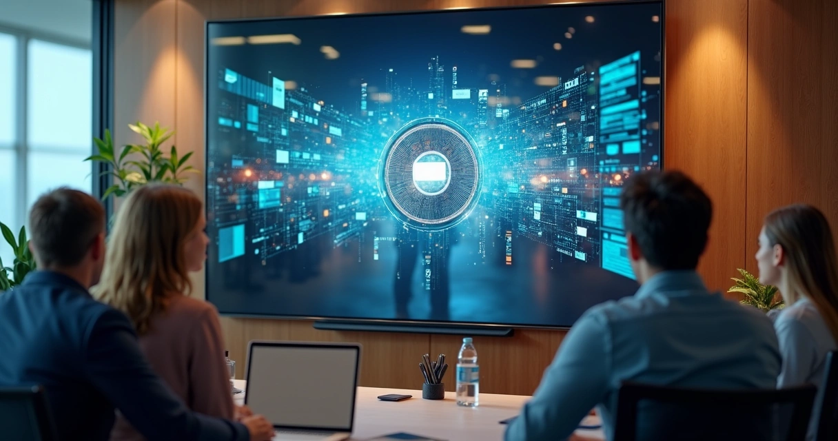 Tela de TV na empresa exibindo vídeo de comunicação interna para funcionários 