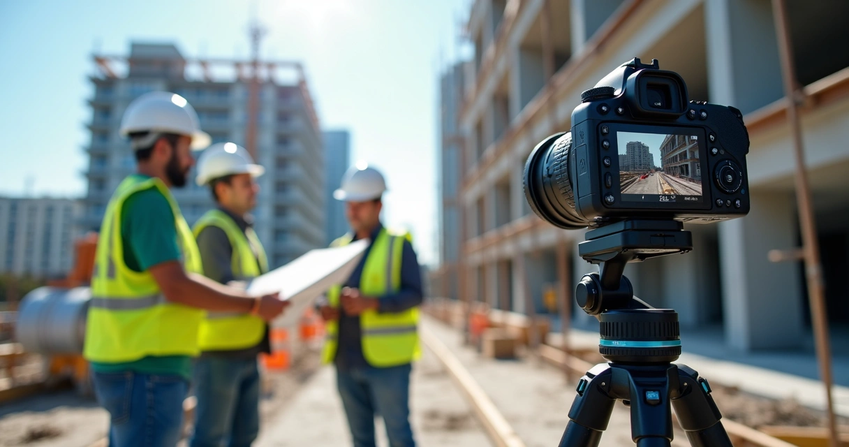 Camera filming construction work with workers 