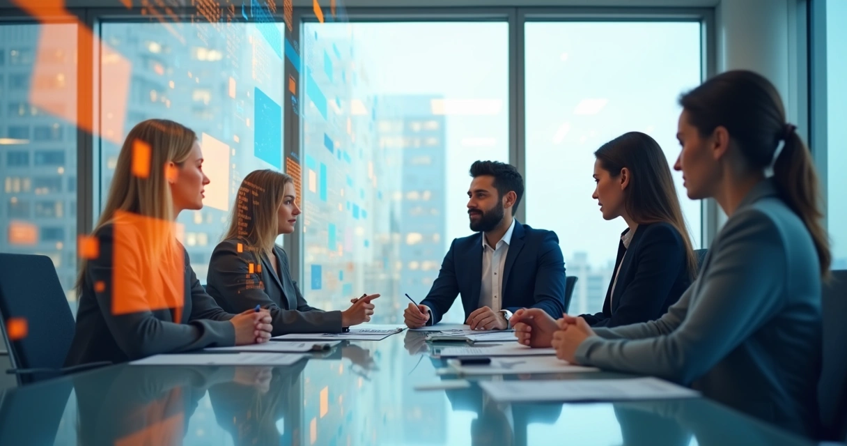 Cena de vídeo corporativo mostrando executivos em reunião, sobreposta por gráficos e paleta de cores 