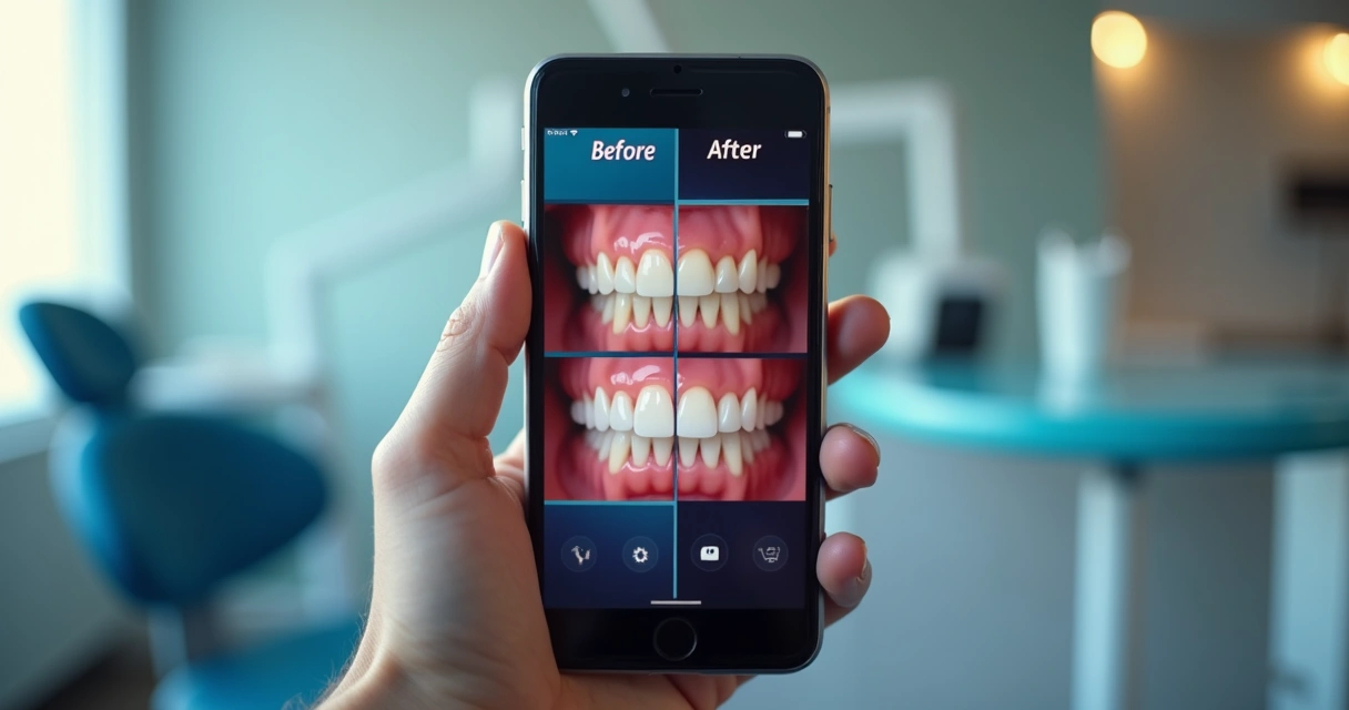 Antes e depois de tratamento odontológico exibido em tela de smartphone 