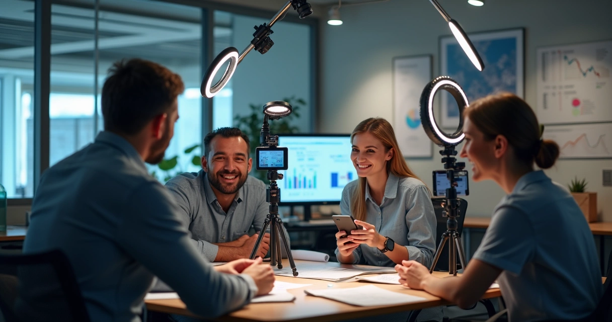 Cenário moderno de escritório de BPO financeiro com pessoas gravando vídeos curtos 