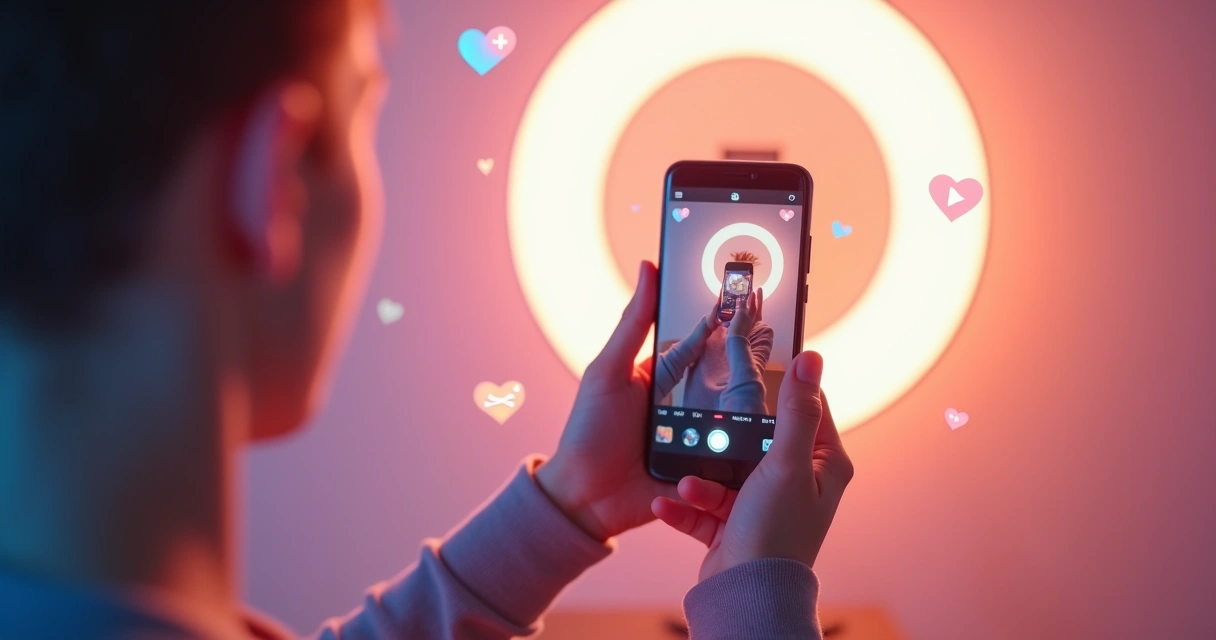 Pessoa gravando vídeo curto em smartphone, luzes ao fundo e elementos digitais ao redor. 