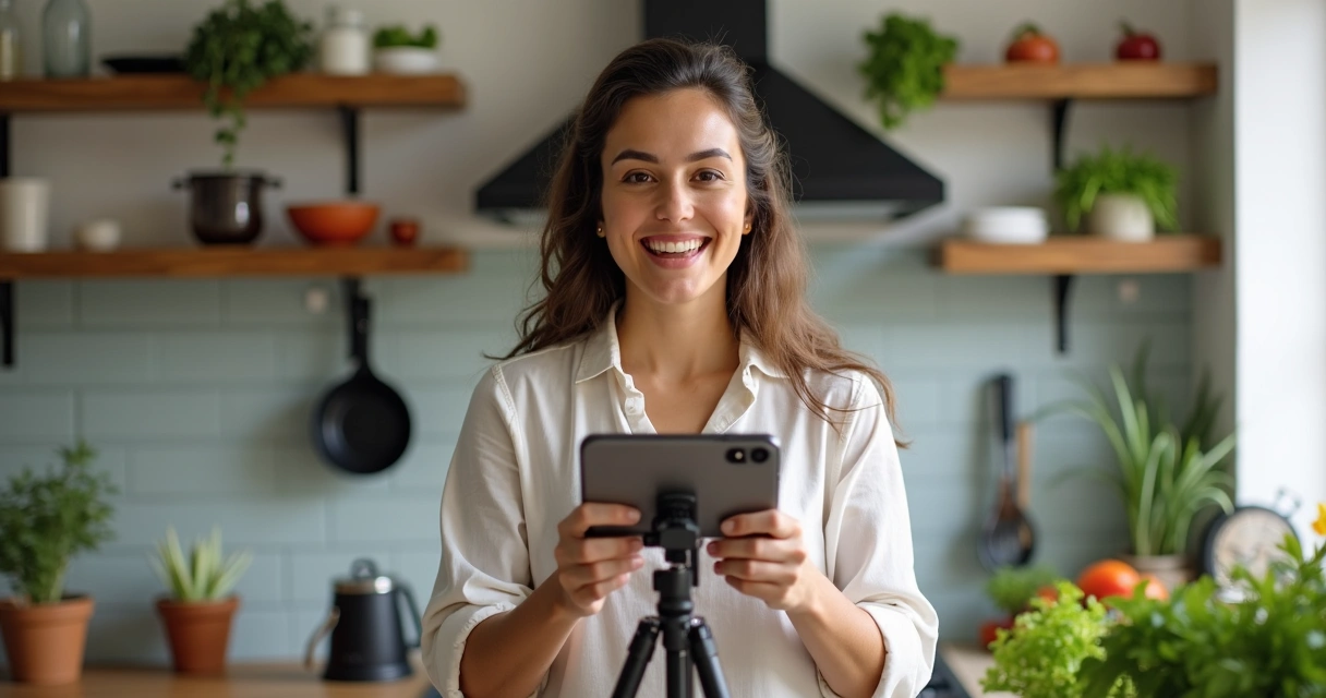 Nutricionista gravando vídeo curto para redes sociais, câmera em foco 