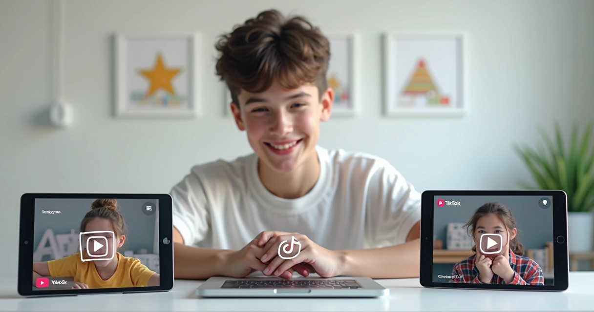Pessoa usando vários dispositivos para publicar vídeo curto em redes sociais diferentes 