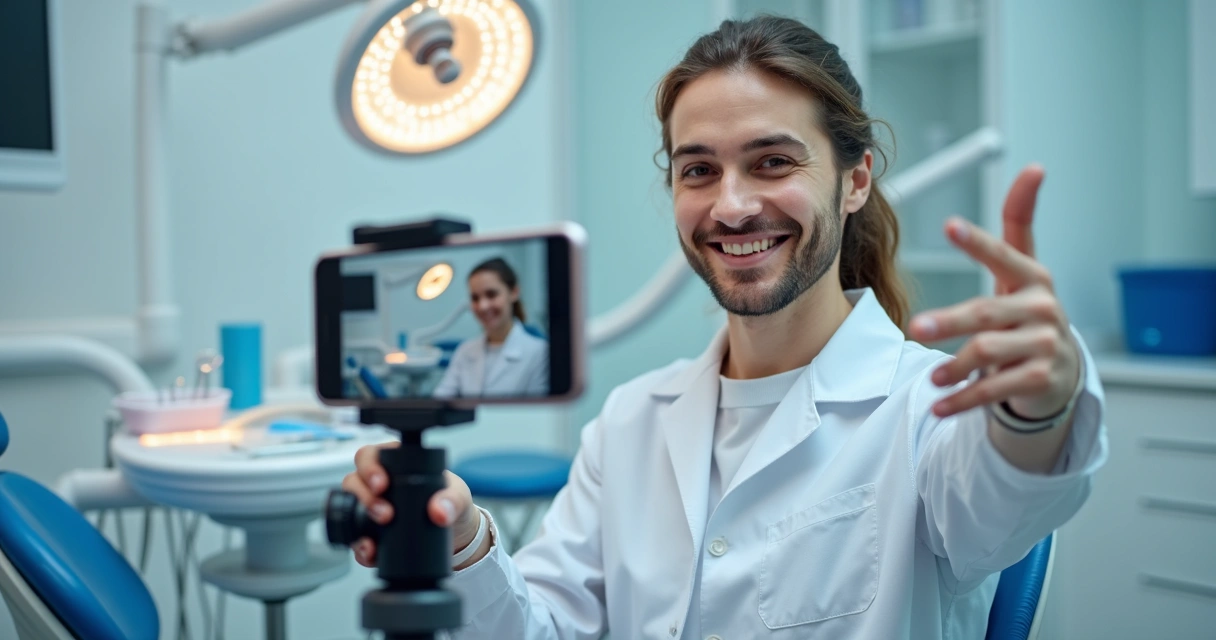 Dentista grava vídeo curto para redes sociais em consultório 