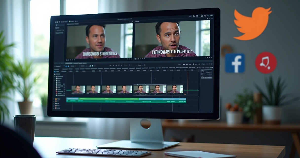 Tela de computador mostrando editor de vídeo com cortes e legendas automáticas na tela 