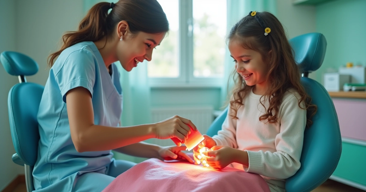 Profissional em consultório orienta criança sobre escovação com materiais coloridos 