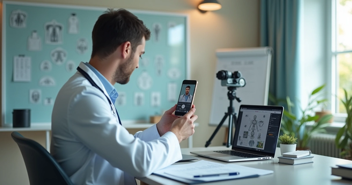 Médico gravando vídeo educativo para redes sociais no consultório 