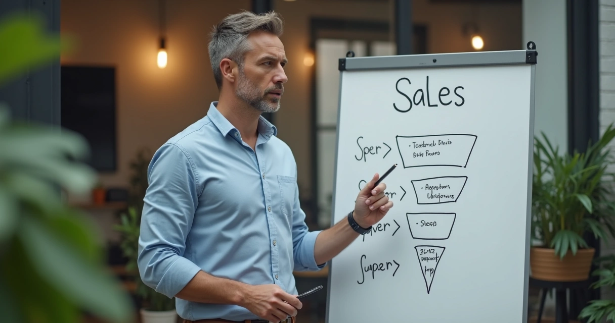 Homem filmando vídeo educativo sobre vendas numa pequena empresa com lousa ao fundo 