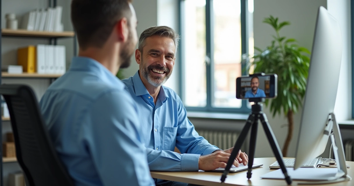 Empresário grava vídeo curto no escritório 