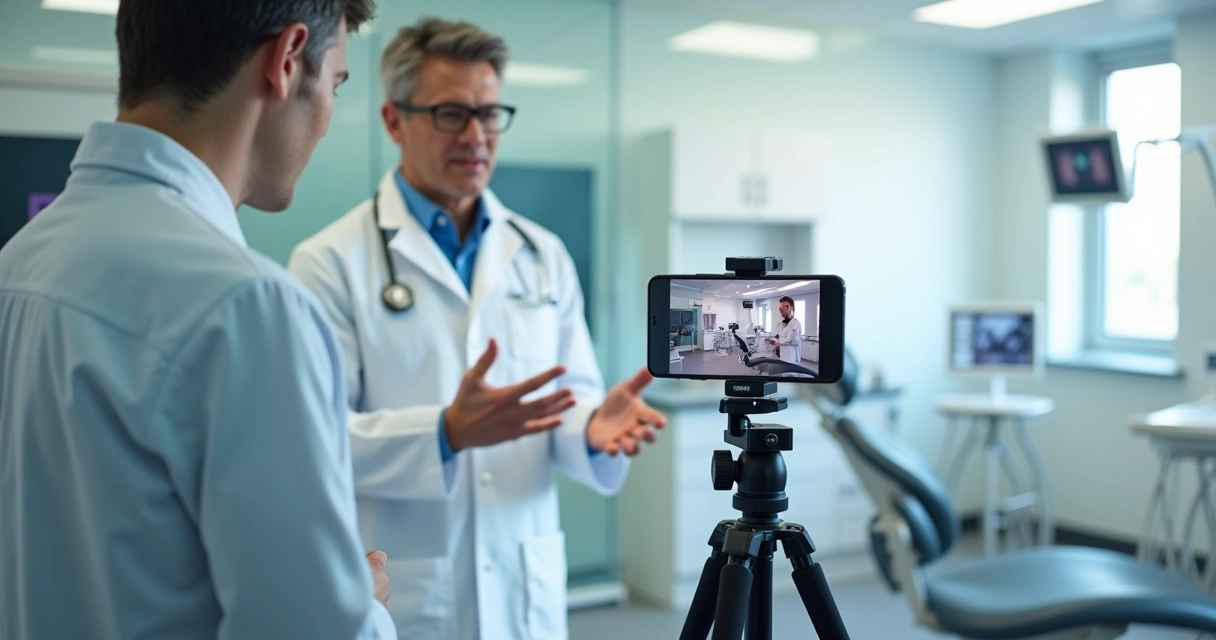 Dentista gravando vídeo explicativo em consultório odontológico
