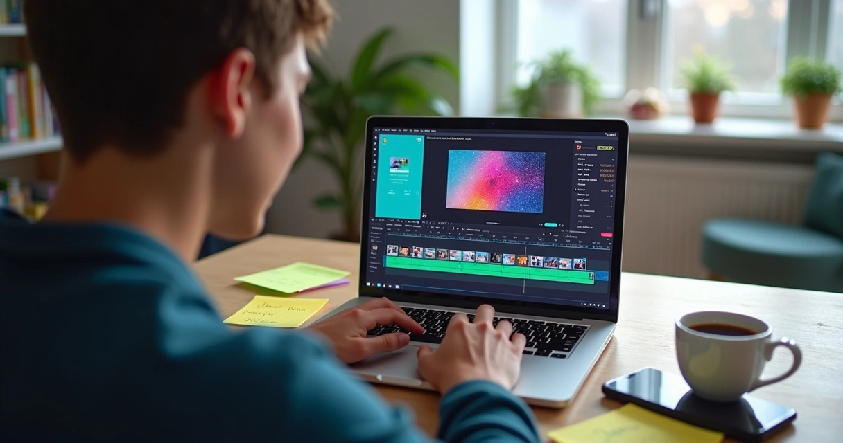 Pessoa usando notebook com CapCut aberto editando vídeo para TikTok. 
