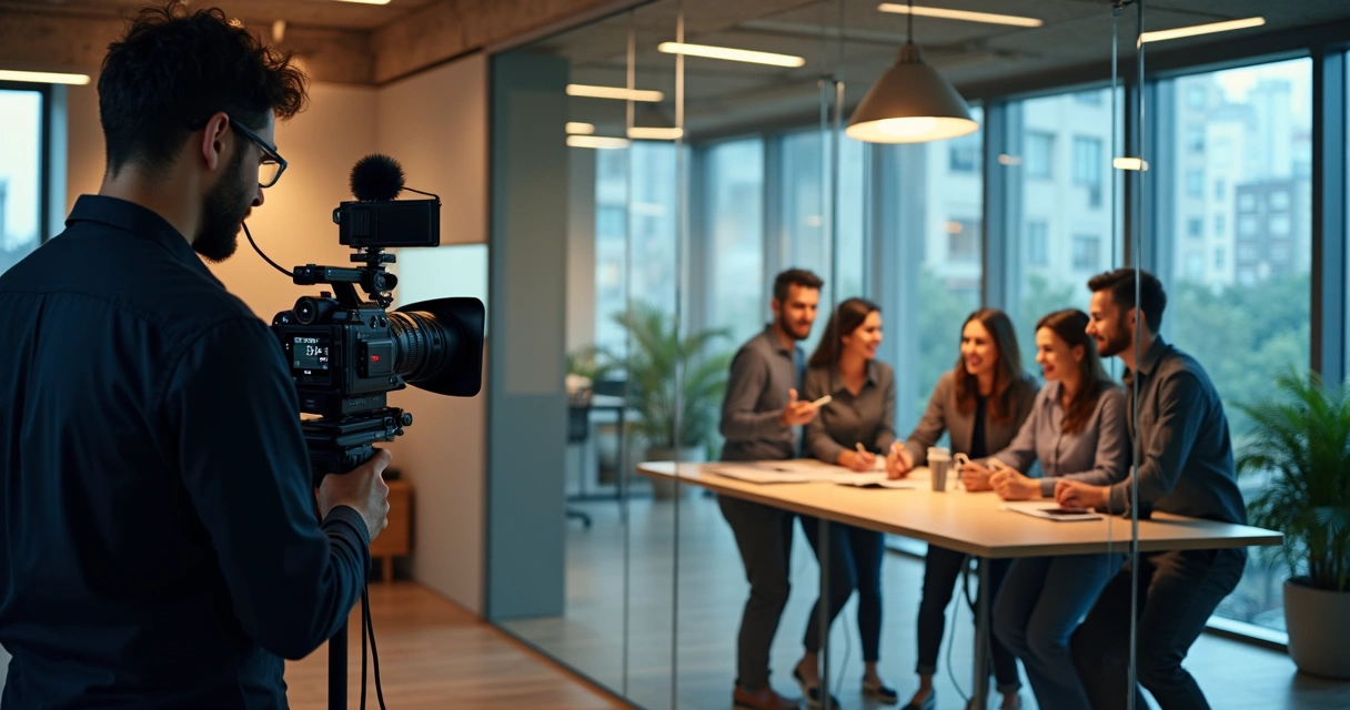 Equipe gravando vídeo institucional em ambiente moderno de empresa, com equipamentos e cenário profissional 