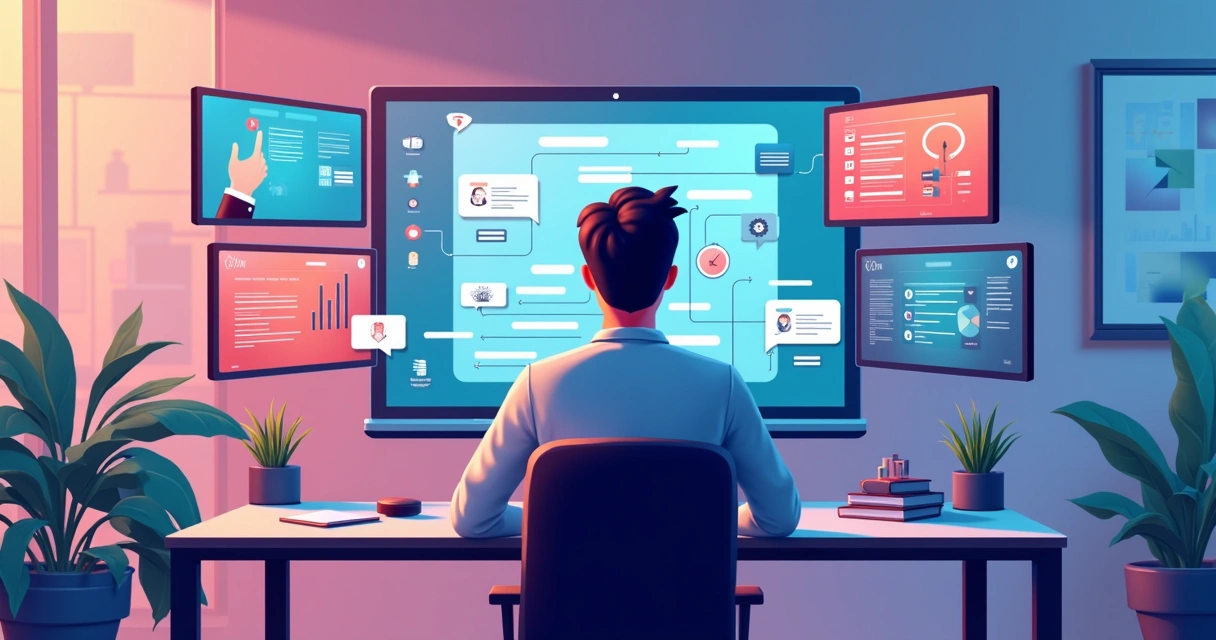 Profissional de marketing diante de telas que exibem caminhos interativos em vídeos 