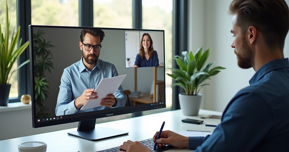 Remote job interview via video call, developer and client on screen