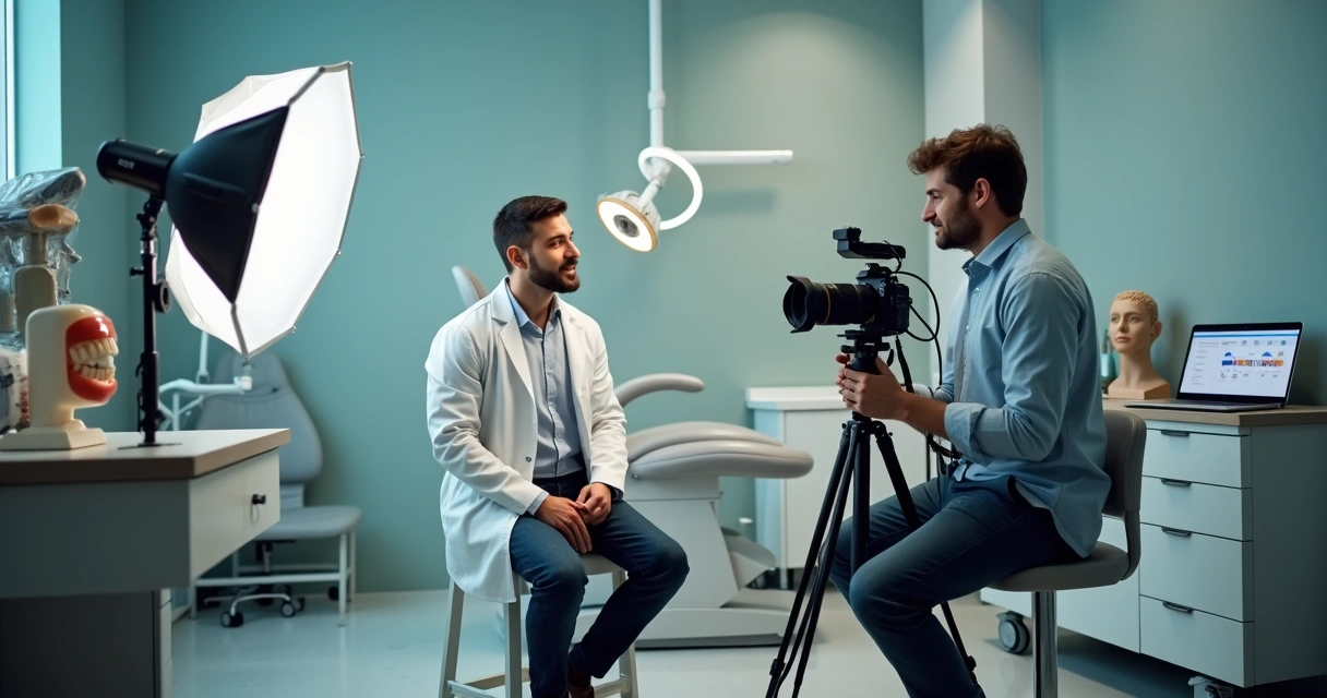 Equipe de clínica odontológica gravando vídeo educativo com paciente em estúdio improvisado 