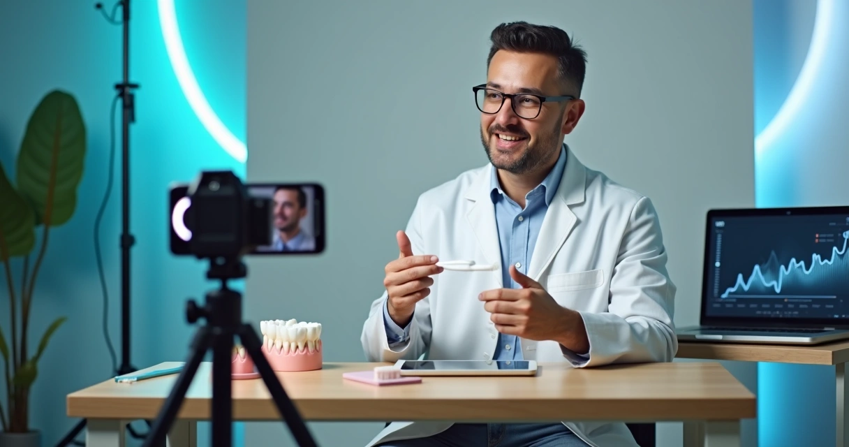 Dentista gravando vídeo educativo sobre saúde bucal em estúdio improvisado de clínica odontológica 