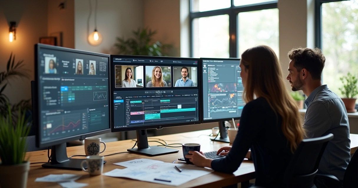 Equipe de produção ajustando softwares de inteligência artificial em monitores
