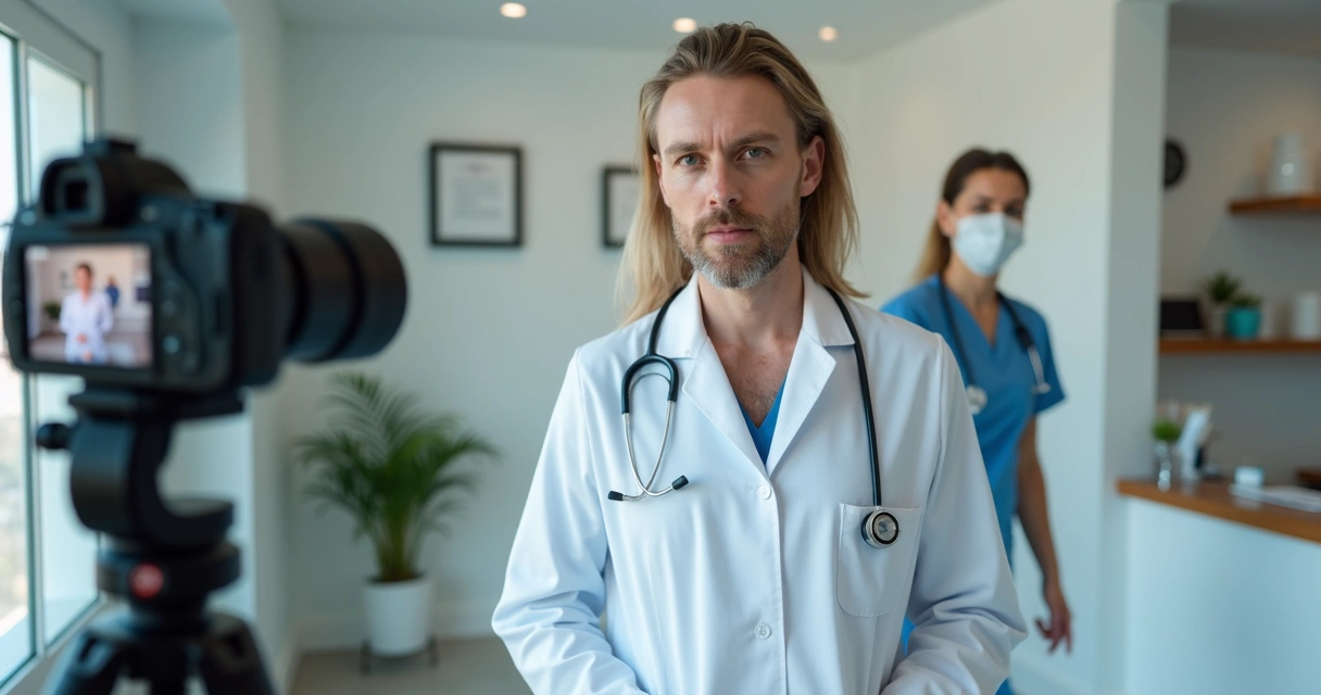 Médico gravando vídeo explicativo em consultório 