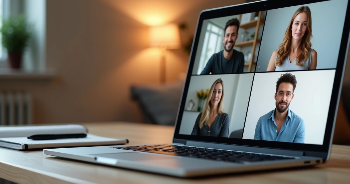 Laptop showing a video meeting with participants 