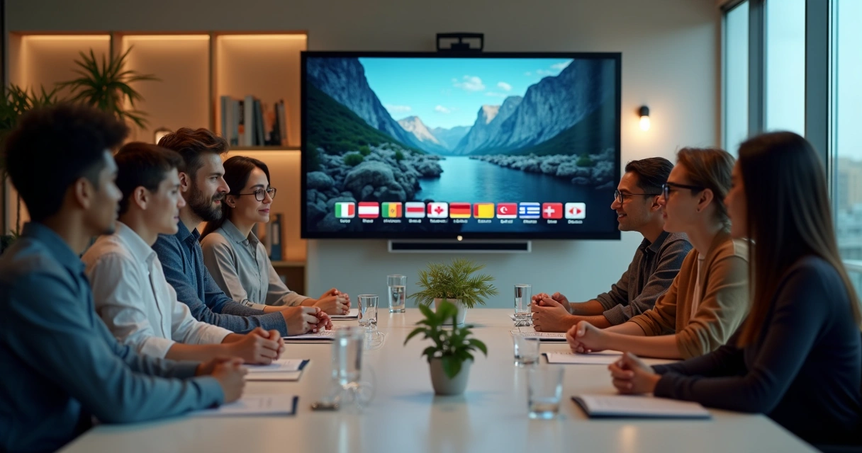 Grupo multicultural assistindo vídeo legendado em telão com traduções em várias línguas 