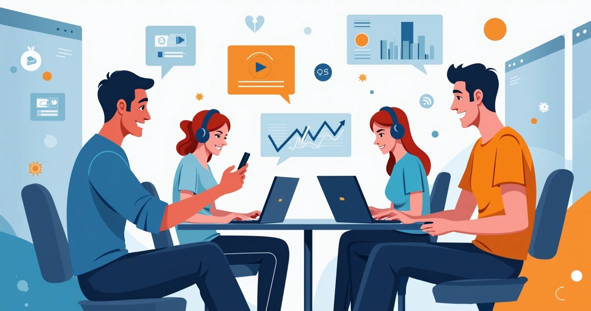 Profissionais consumindo podcast, infográfico e vídeo curto em smartphones e notebooks