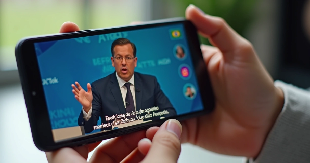 Vertical political video clip subtitled on smartphone. 