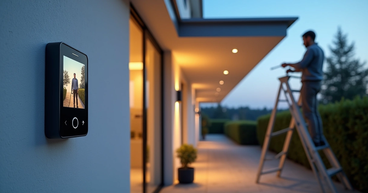 Instalador ajustando videoporteiro em entrada de casa moderna ao anoitecer 