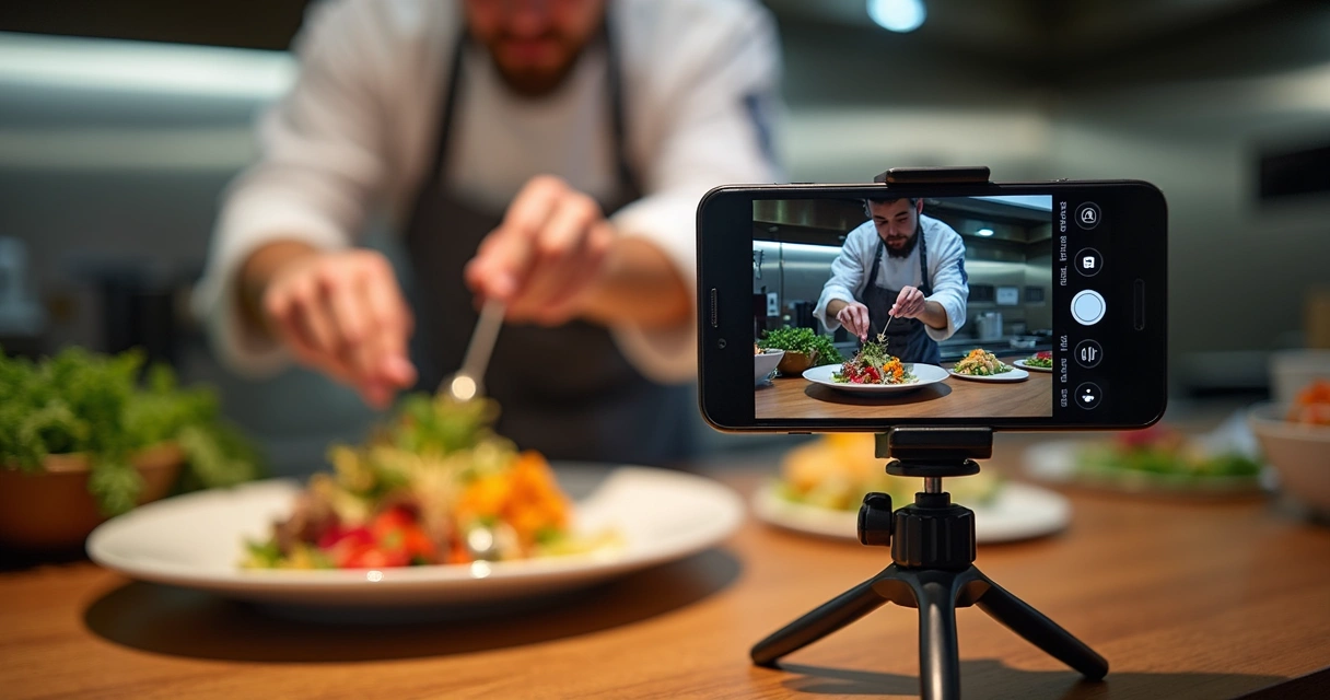 Chef preparando prato em restaurante com celular gravando vídeo 