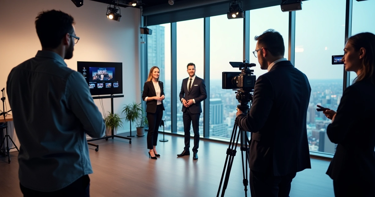 Profissionais gravando vídeo institucional em estúdio moderno 
