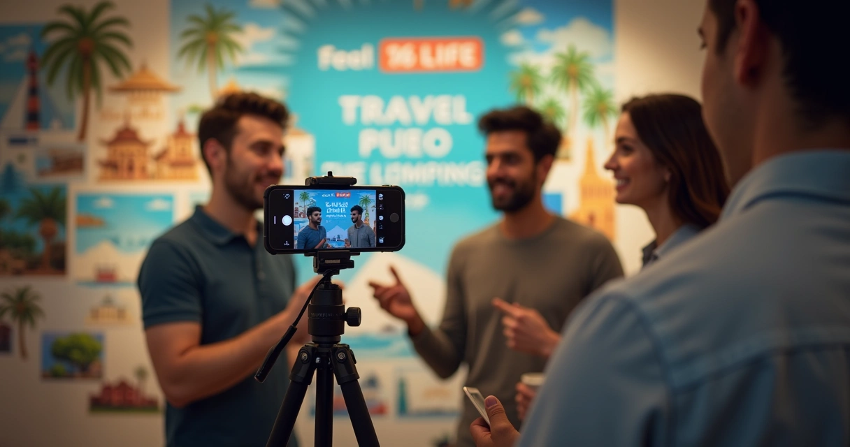 Equipe gravando vídeo promocional de viagem para redes sociais 