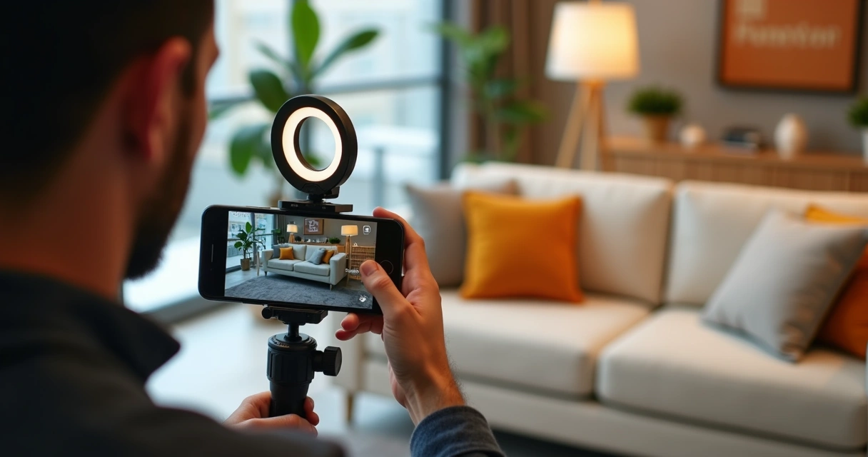 Homem gravando vídeo de sofá em loja de móveis para Instagram 