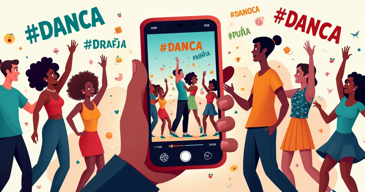 Ilustração de vídeo TikTok com telefone mostrando dança e hashtags coloridas, rodeado por personagens animados e cores vibrantes.