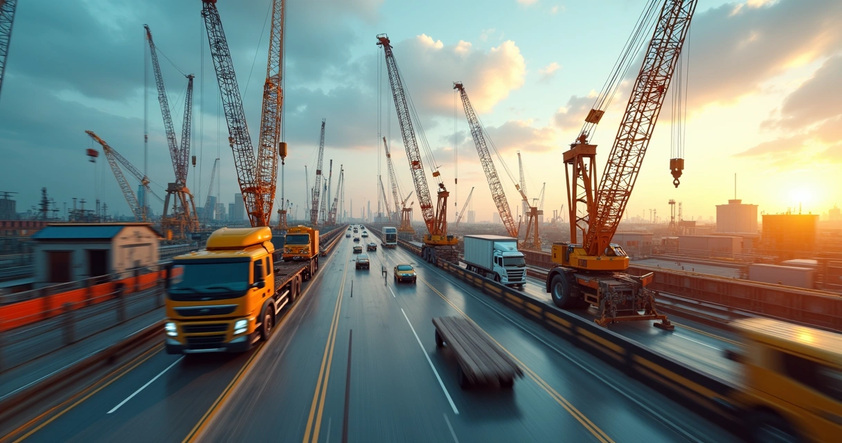 Vídeo time-lapse mostrando movimentação intensa de guindaste e caminhões em obra