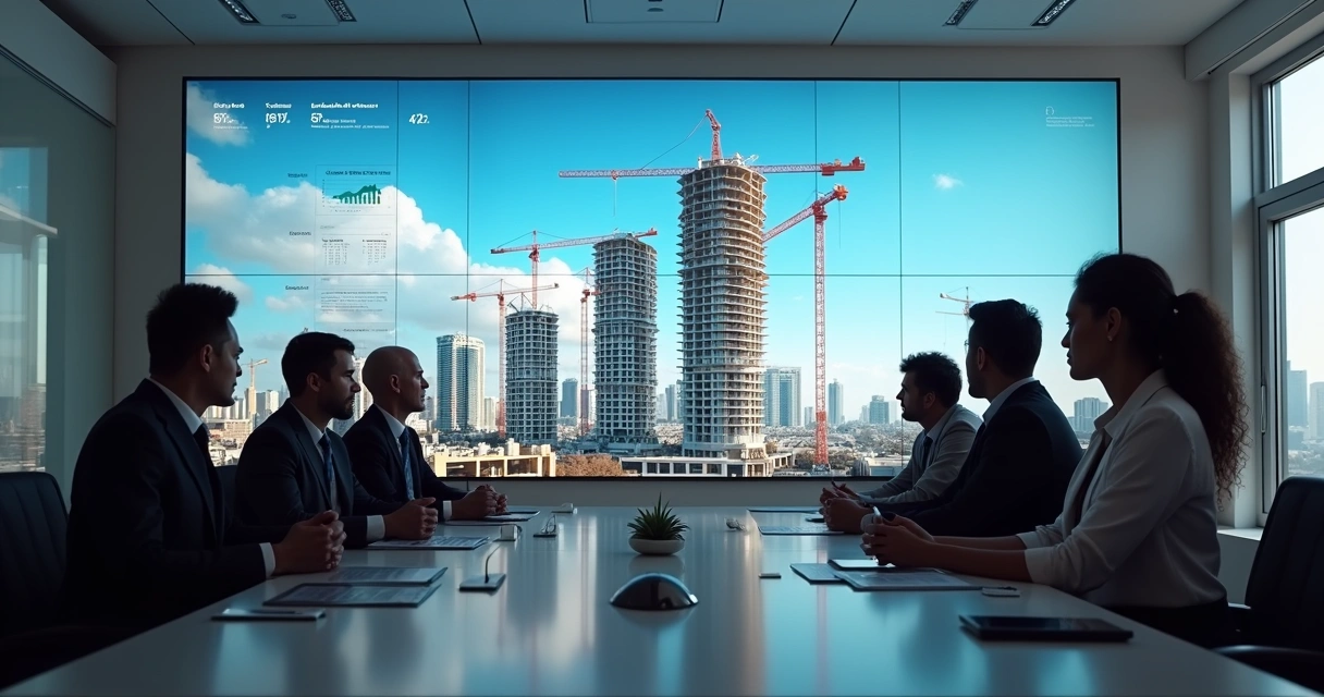 Vídeo time-lapse acelerado da construção do prédio sendo exibido em tela grande 
