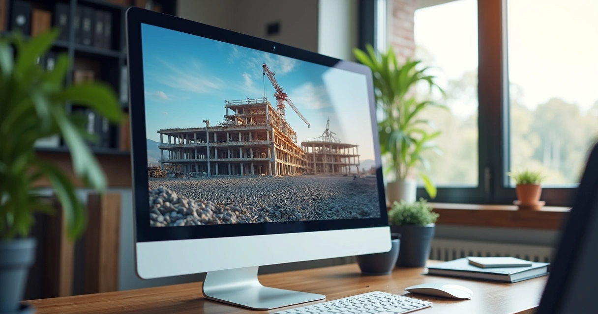 Vídeo time-lapse de construção exibido em tela de computador 
