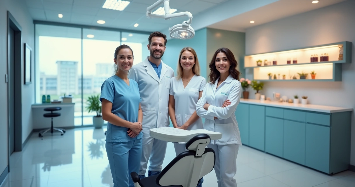 Equipe odontológica mostrando sala de implante e equipamentos
